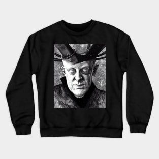 Cyberpunk Aleister Crowley The Great Beast of Thelema Black and White Drawing as Cyber Wizard Crewneck Sweatshirt